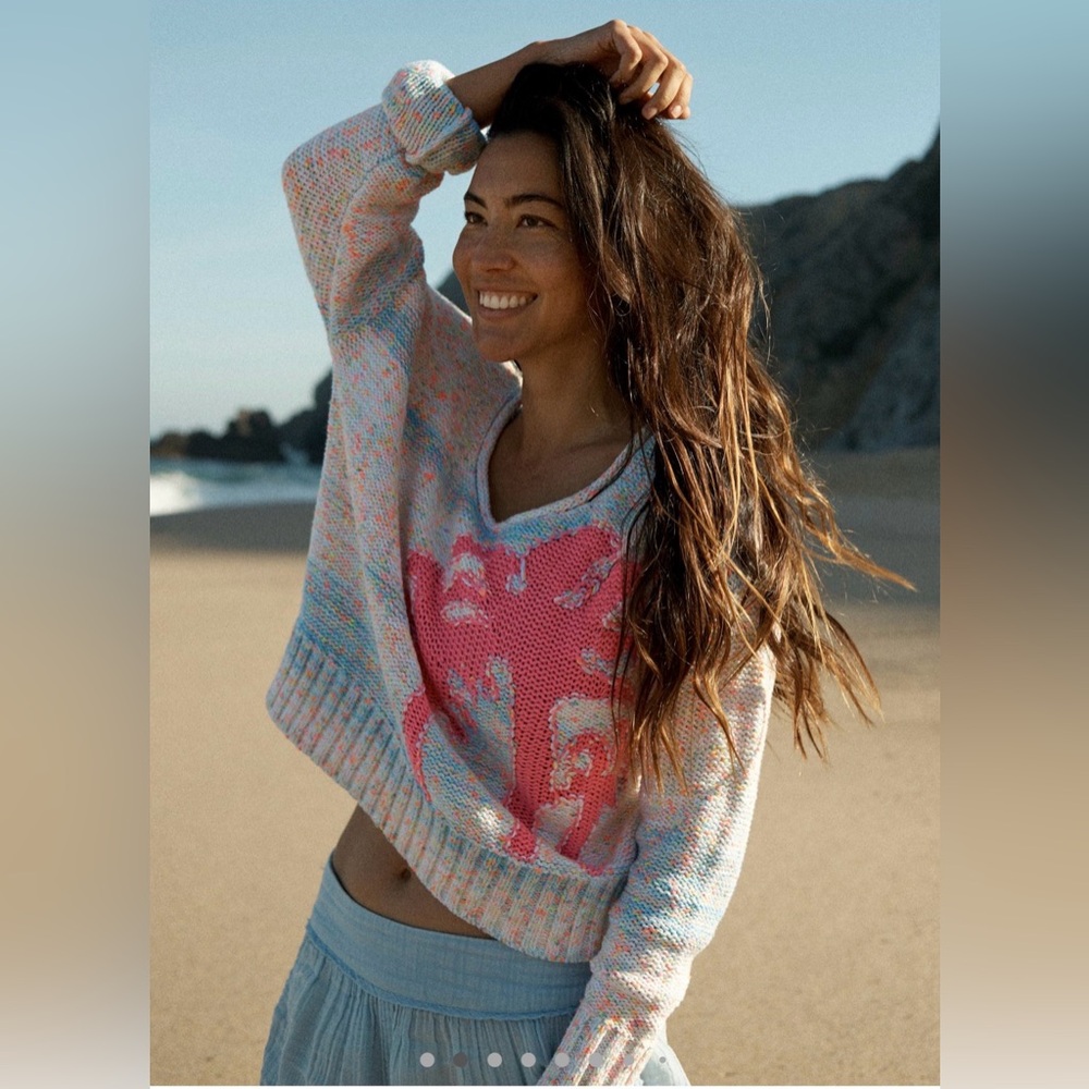 NWT Anthropologie knit palm tree sweater vibrant pink palm tree motif XS - Picture 5 of 8